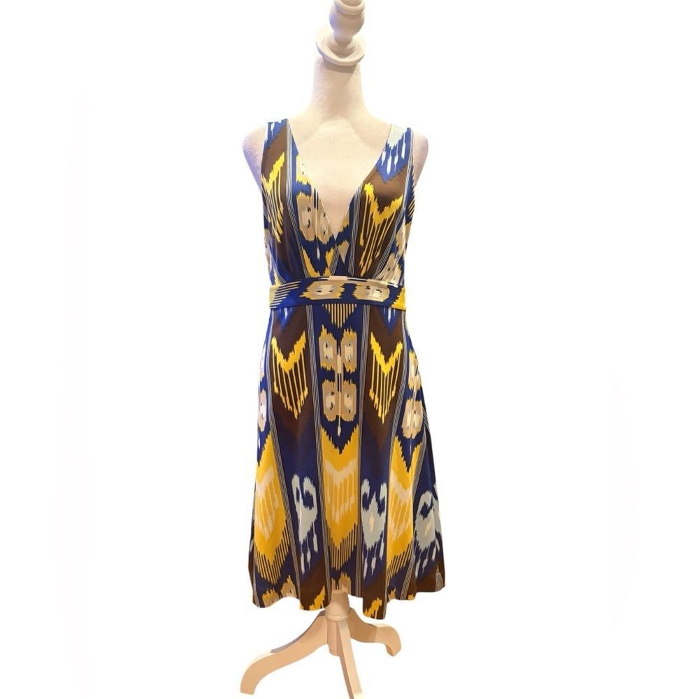Tory Burch Silk Dress Southwestern Aztec Jersey Blue Yellow Sleeveless Medium